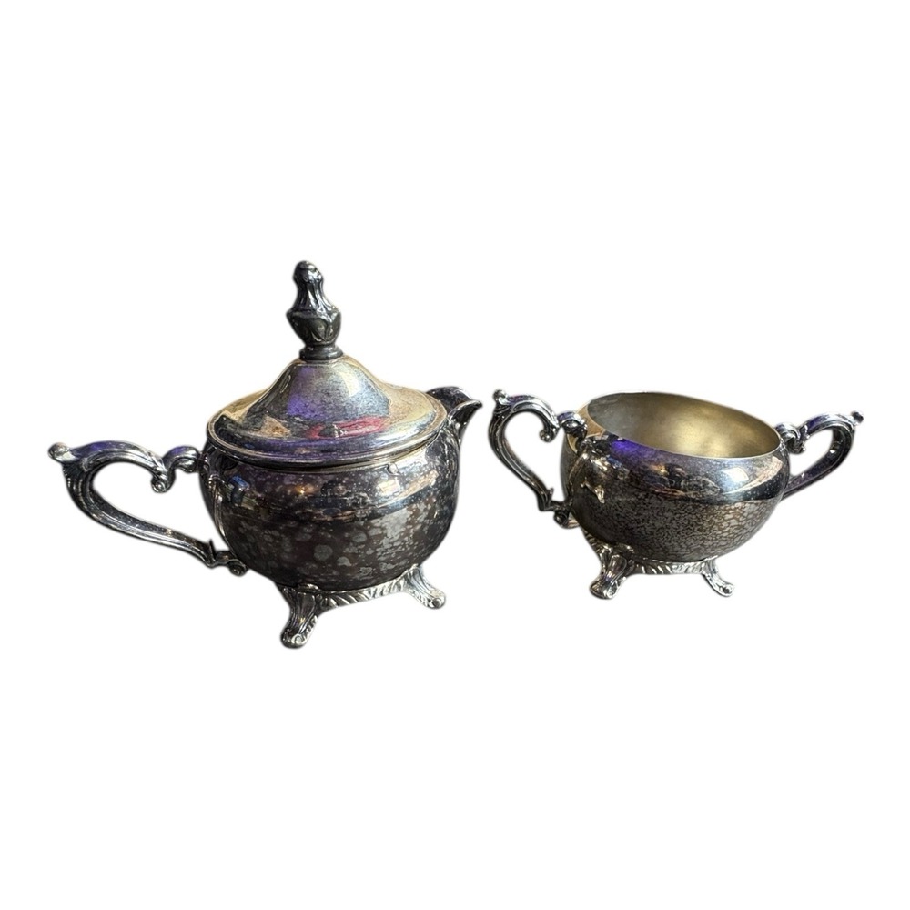 Vintage Silver Tone Creamer &‎ Sugar Bowl Set with Lid Footed Unmarked